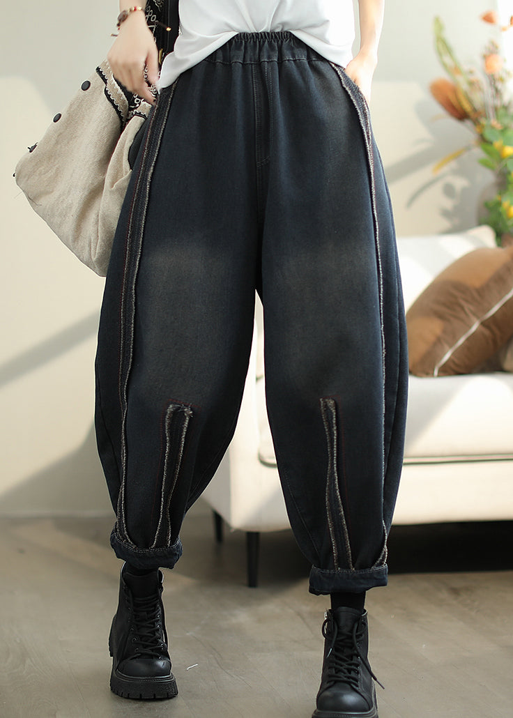 Black Pockets Elastic Waist Warm Fleece Pants Spring