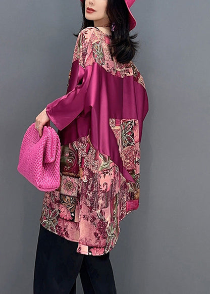 Red O-neck Print Patchwork Top Batwing Sleeve