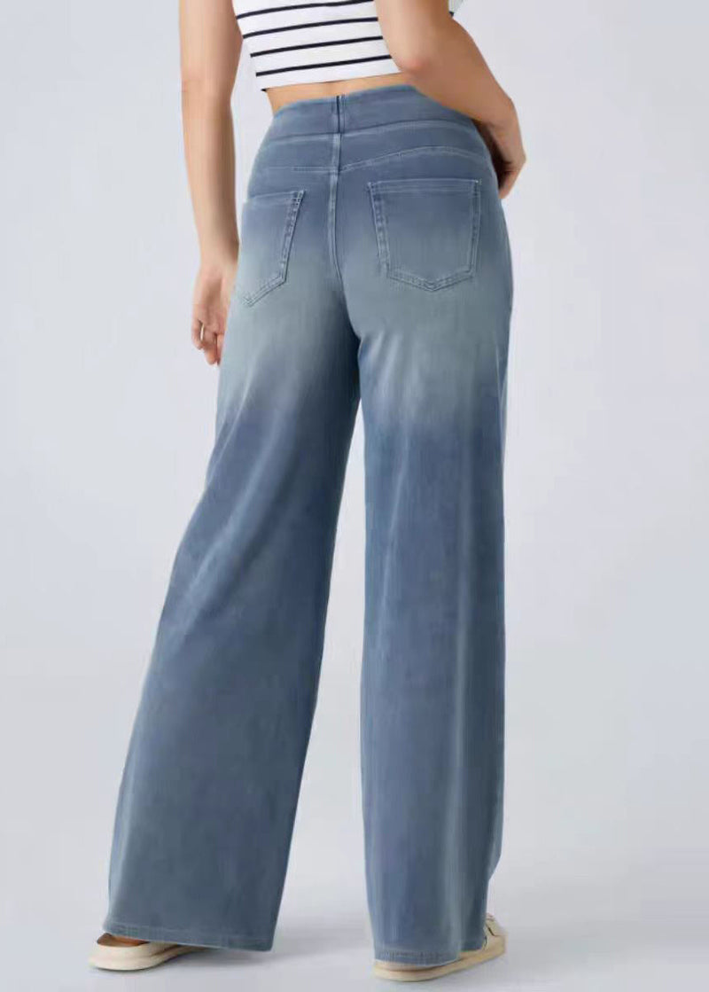 Light Blue Pockets Elastic Waist Denim Wide Leg Pants Summer