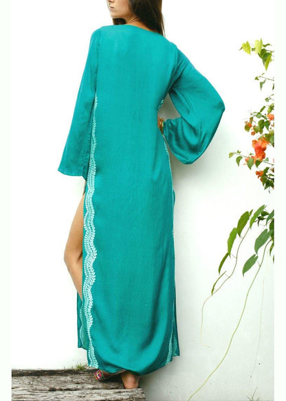 Italian Green Embroideried Long Sleeve Cotton Dress Beach Gown Summer