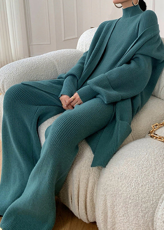 Autumn New Peacock Blue Knitted Wide Leg Pants Sweater and Cardigan 3 Piece Set