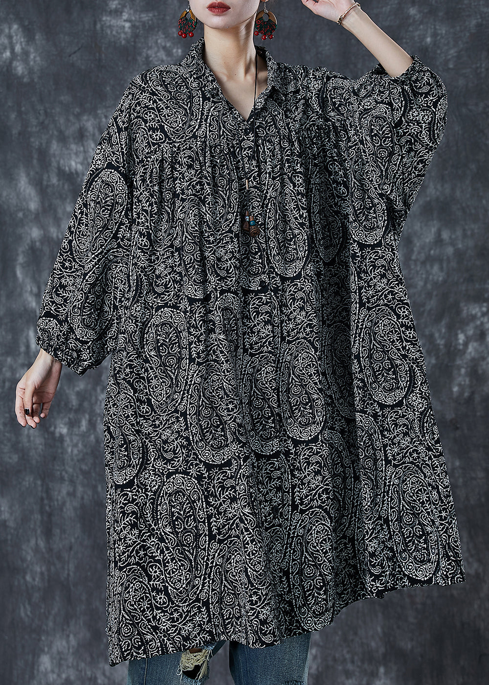 Black Oversized Print Cotton Shirt Dress Spring