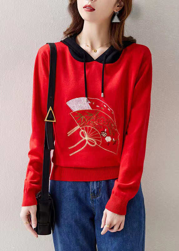 Red Hooded Embroideried Patchwork Knit Top Fall