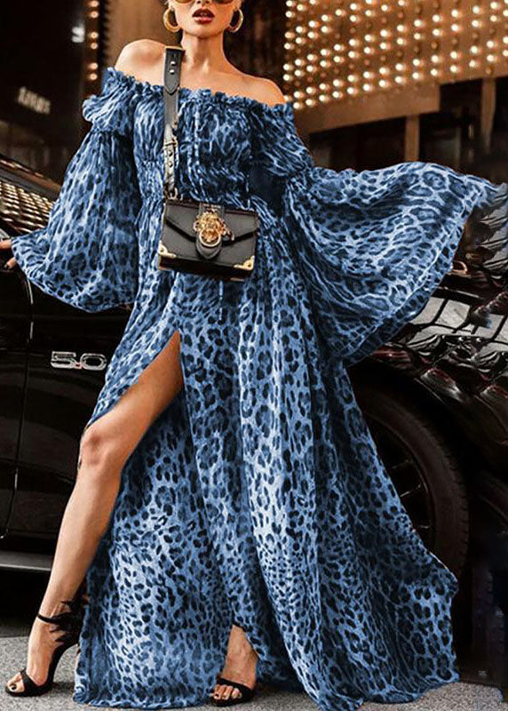 Slash Neck Backless Ruffled Leopard Print Side Open Long Dresses Flare Sleeve