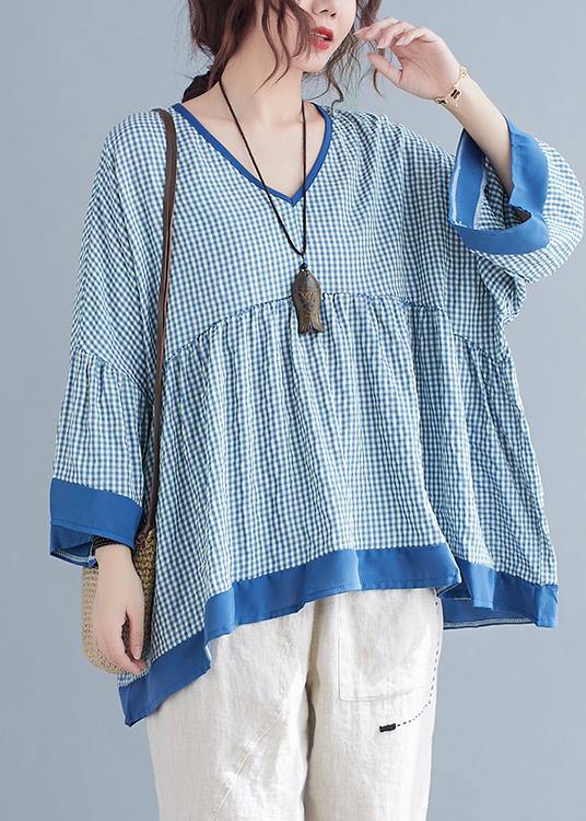 Fine Blue Plaid Patchwork Flare Sleeve Top Spring Summer