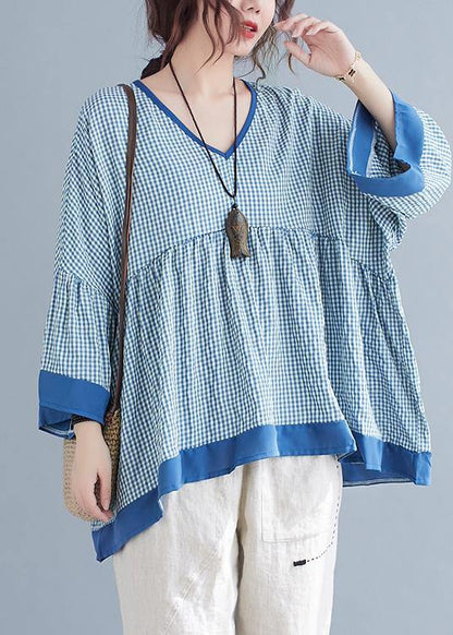 Fine Blue Plaid Patchwork Flare Sleeve Top Spring Summer