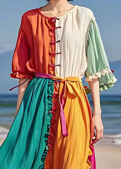 Orange Ruffled Tie Waist Cotton Long Dress Half Sleeve