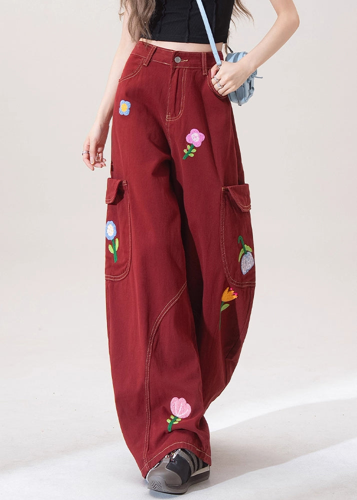 Unique Red Embroidered Pockets Denim Wide Leg Pants Spring