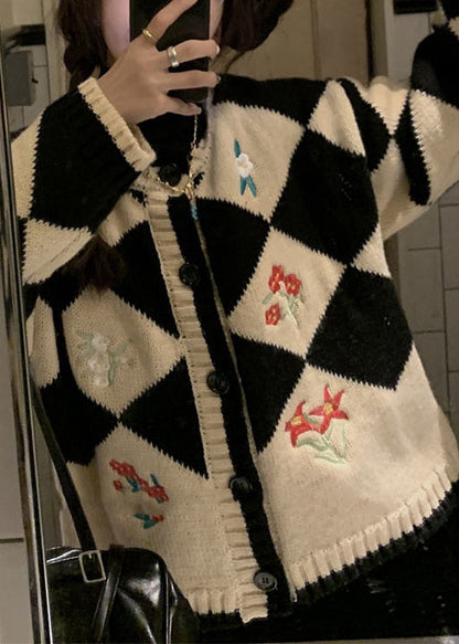 Loose Black Plaid Embroideried Button Knit Coats Fall