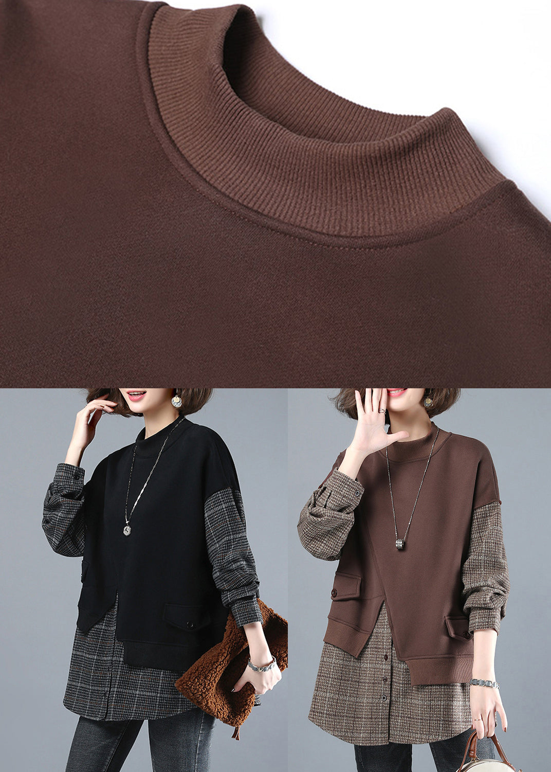 Chocolate Colour O-neck Patchwork Fake Two Pieces Sweatshirt Long Sleeve