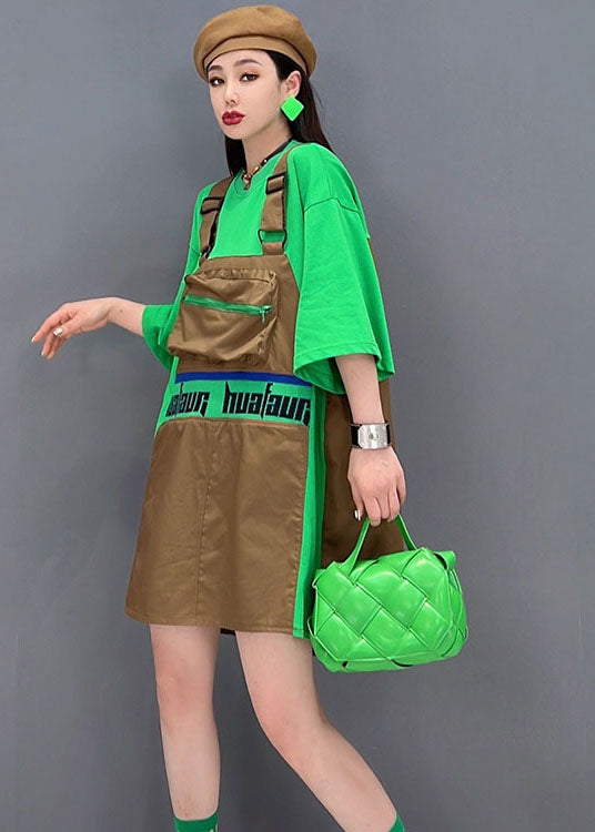 Green O-neck Patchwork Cotton Fake Two Piece Strap Dress Short Sleeve
