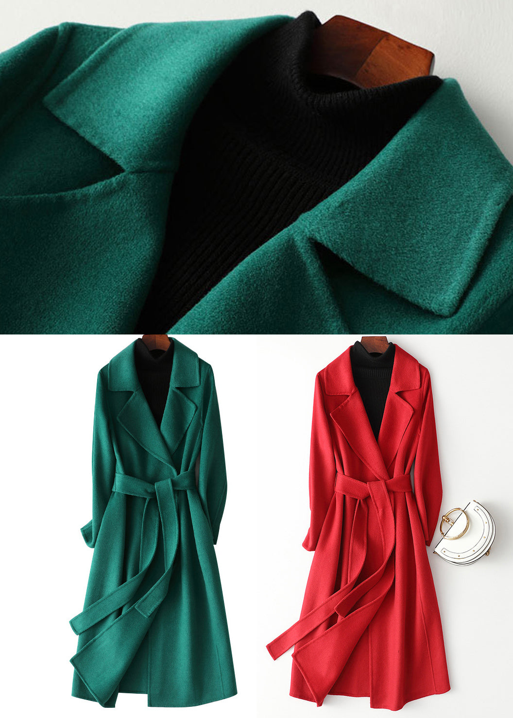 Red Notched Patchwork Woolen Long Coats Fall