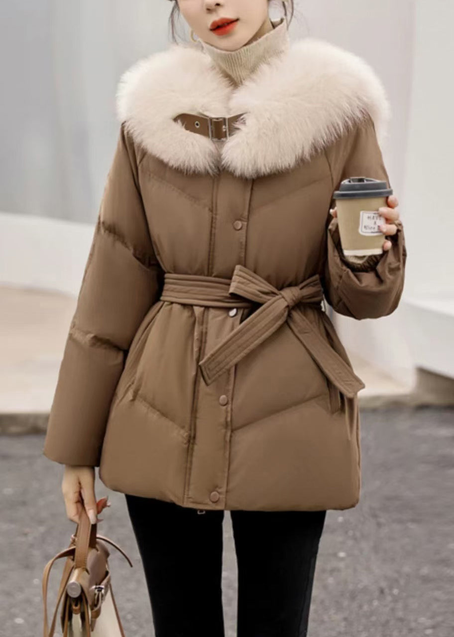 Coffee Fur Collar Zip Up Duck Down Winter Coats