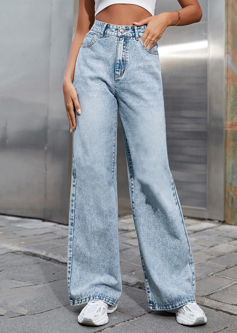 Light Blue High Waist Straight Denim Pants Spring