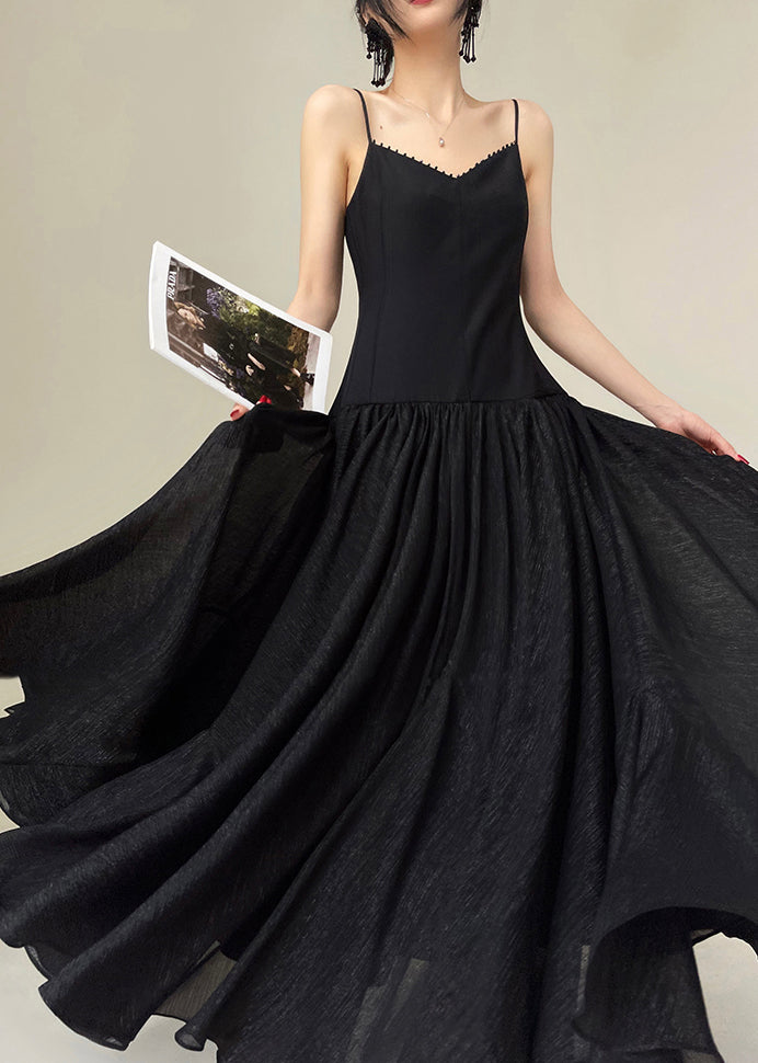 Black Nail Bead Patchwork Chiffon Spaghetti Strap Dress Sleeveless