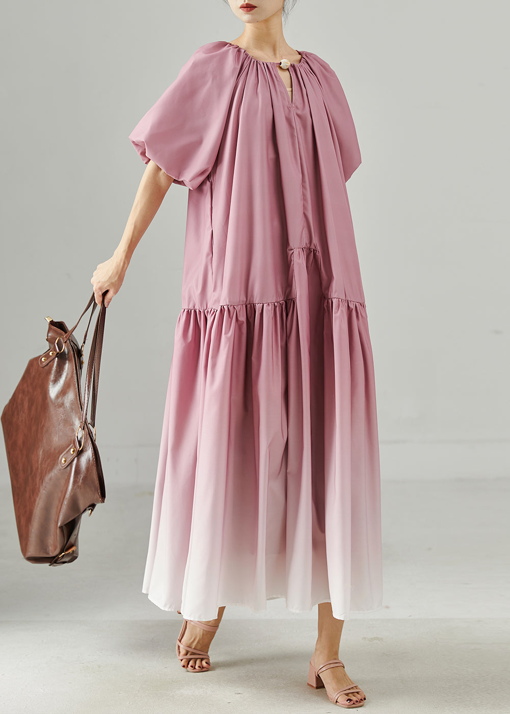 Gradient Purple Oversized Patchwork Cotton Long Dresses Puff Sleeve