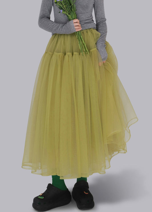 Yellow Elastic Waist Tulle Skirt Ruffled
