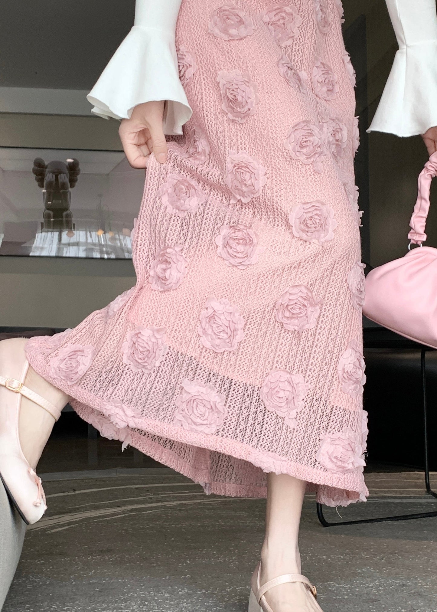 French Pink Decorated High Waist Cotton Skirt Spring
