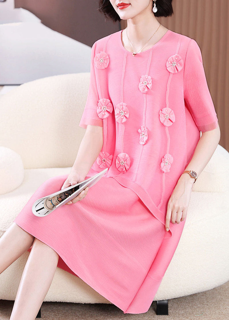 Pink O-neck Patchwork Long Dress Short Sleeve
