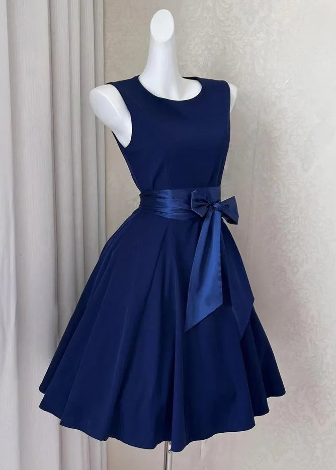 New Navy Bow Cotton Mid Dress Sleeveless