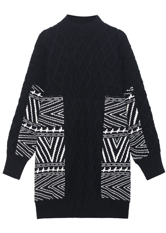 Black Stand Collar Jacquard Loose Fall Knit Sweaters