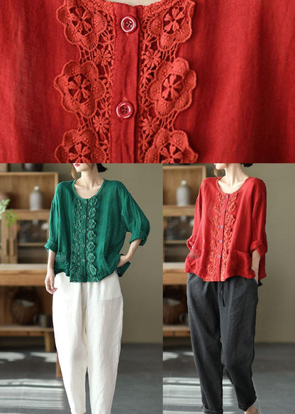 Green Retro O-neck Button Fall Shirt Tops Long Sleeve