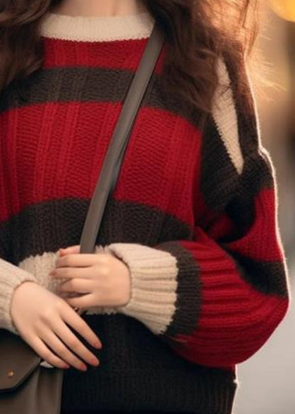 Red Striped Cozy Patchwork Knit Sweater Winter