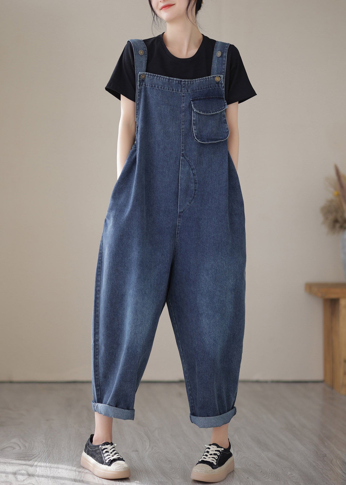Blue Slash Neck Patchwork Button Denim Jumpsuit Summer