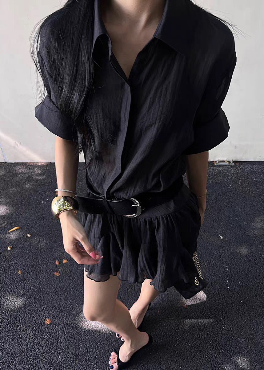 Black Wrinkled Button Cotton Shirts Dress Peter Pan Collar Half Sleeve