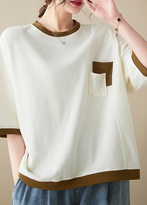 Loose Red O-neck Patchwork Tops Half Sleeve
