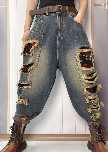 Blue Nail Bead Patchwork Sashes High Waist Ripped Jeans Summer