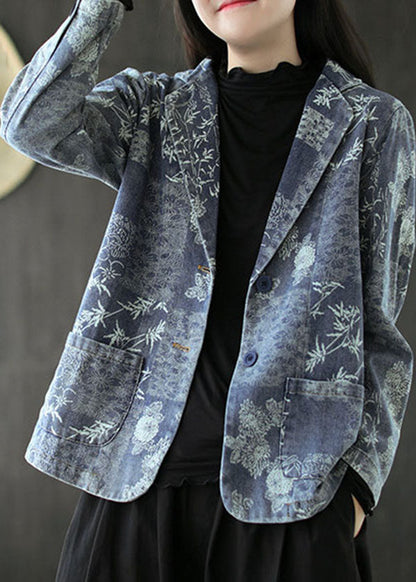 Blue Print Western-style Clothes Coat Pocket Long Sleeve