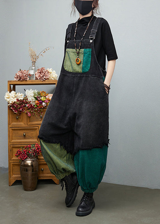 Black Asymmetrical Pocket Cotton Denim Jumpsuit Spring