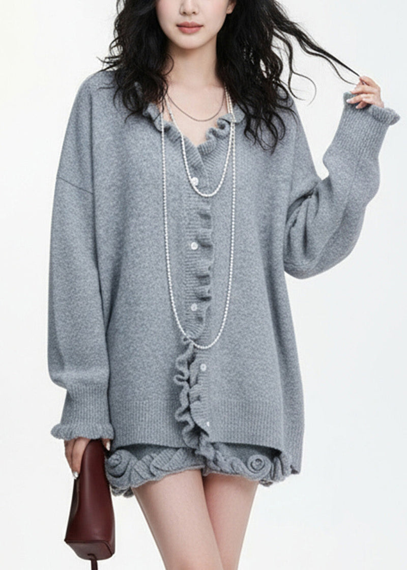 Natural Grey Ruffled Patchwork Cotton Knit Cardigans and Skirts Two Piece Set Lantern Sleeve