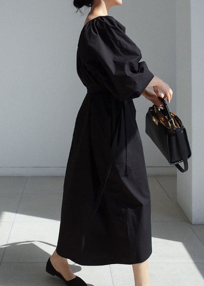 Easy Black Tie Waist Puff Sleeve Cotton Long Dress
