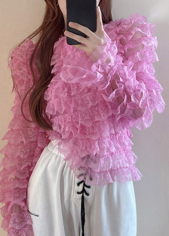 Diy Pink O-neck Patchwork Lace Top Long Sleeve