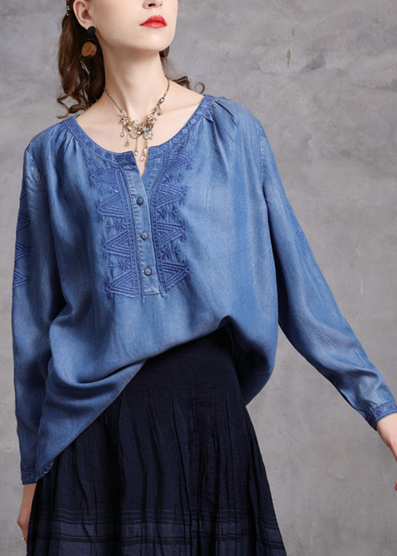Brief Blue O-neck Embroidered Button Denim Shirts Spring