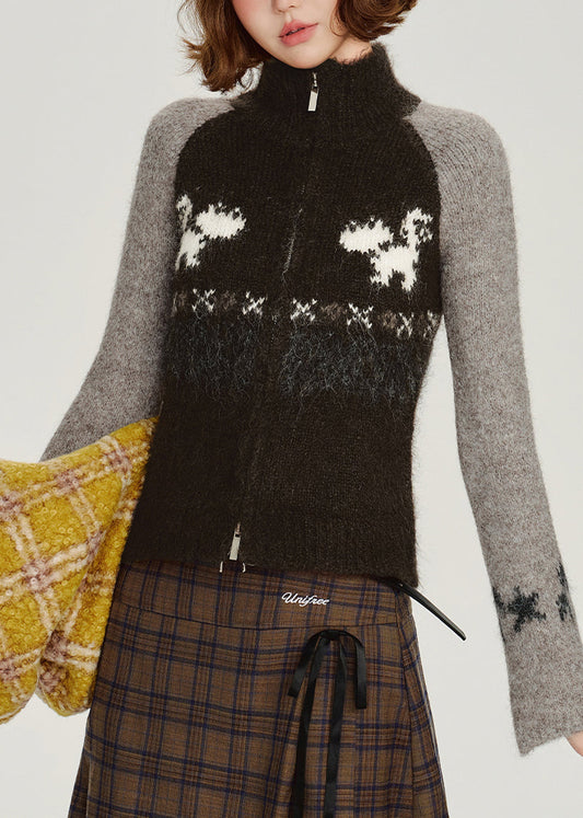 Black Zip Up Patchwork Knit Cardigan Winter