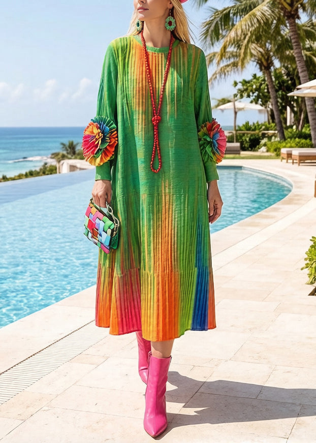 Italian Green Tie Dye Decorated Cotton Maxi Dresses Spring