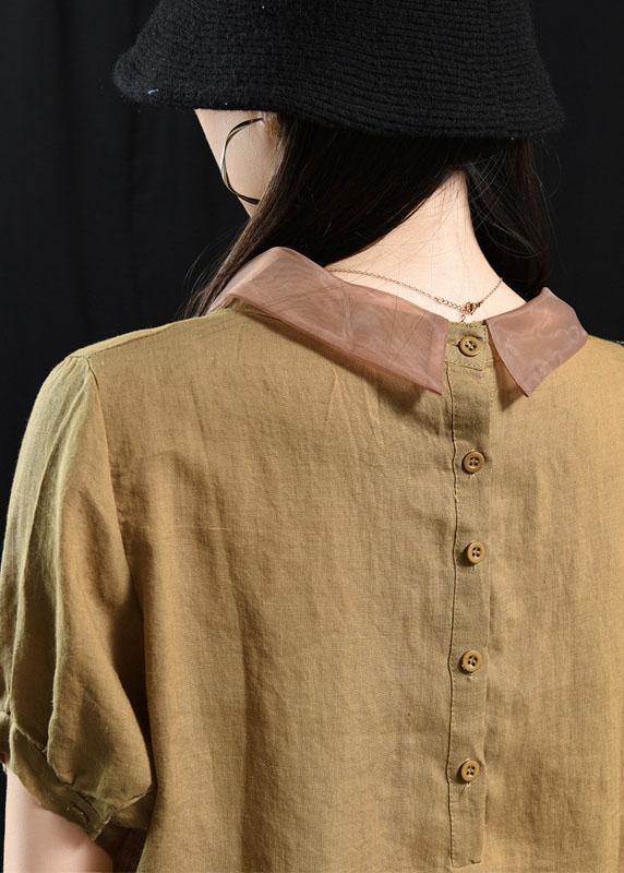 Orange Patchwork Turn-down Collar Summer Short Sleeve Top