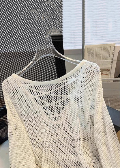 Beige Hollow Out Knit Tops Summer