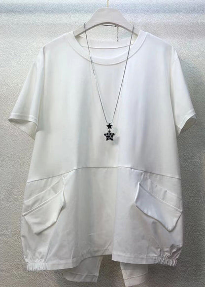 Army Green Pockets Low High Design Patchwork Cotton Tops Summer