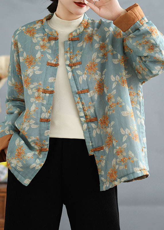 Light Blue Print Fine Cotton Filled Coats Stand Collar Spring