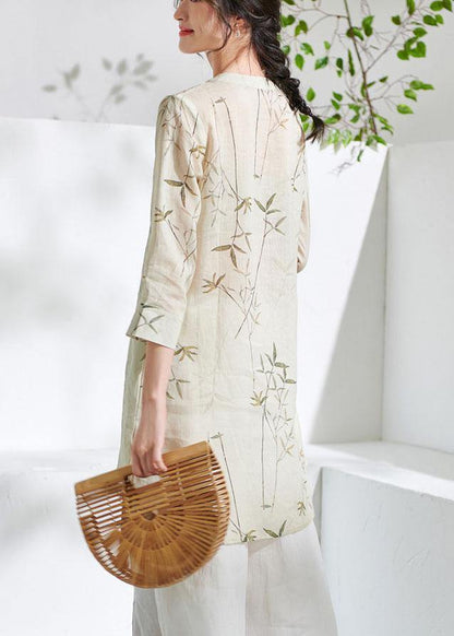 Natural Beige Print Button Summer Ramie Shirt Tops