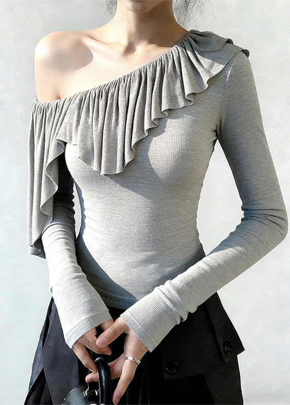 Grey One Shoulder Ruffles Cotton Tops Spring