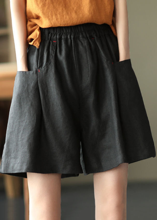 Black Elastic Waist Linen Shorts Trousers Summer