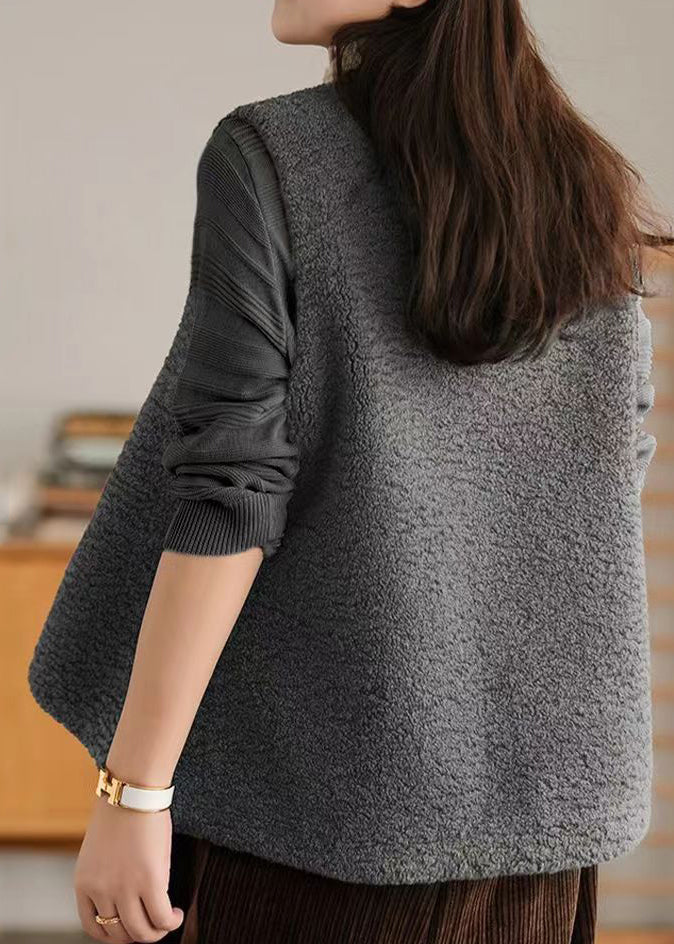Grey V Neck Chinese Button Patchwork Wool Vest Sleeveless