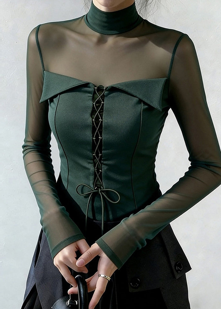 Blackish Green Cross Strap Patchwork Tulle Blouse Tops Spring