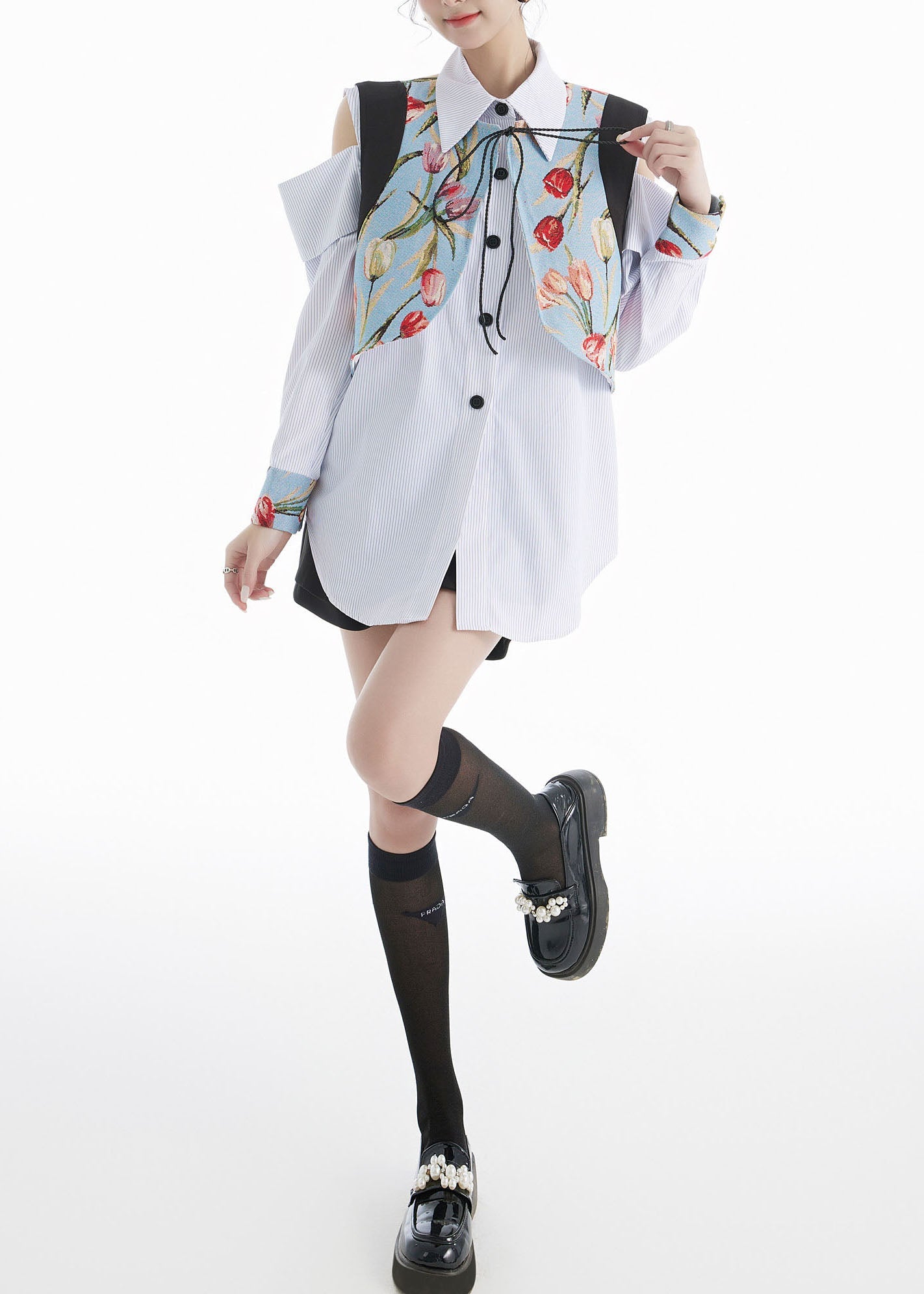 Blue Peter Pan Collar Striped Shirts and Vest Cotton Two Pieces Set Spring