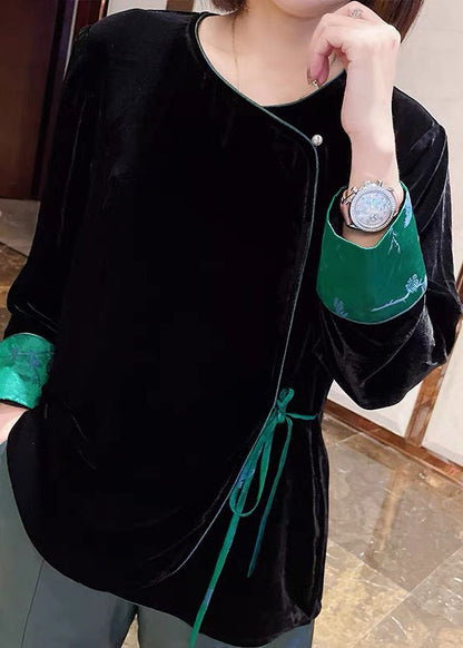 Black O-neck Tie Waist Patchwork Velour Coat Long Sleeve